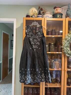 Studio 1940 Black and White Embroidered Polka Dot Floral V-Neck A-Line Cotton Dr